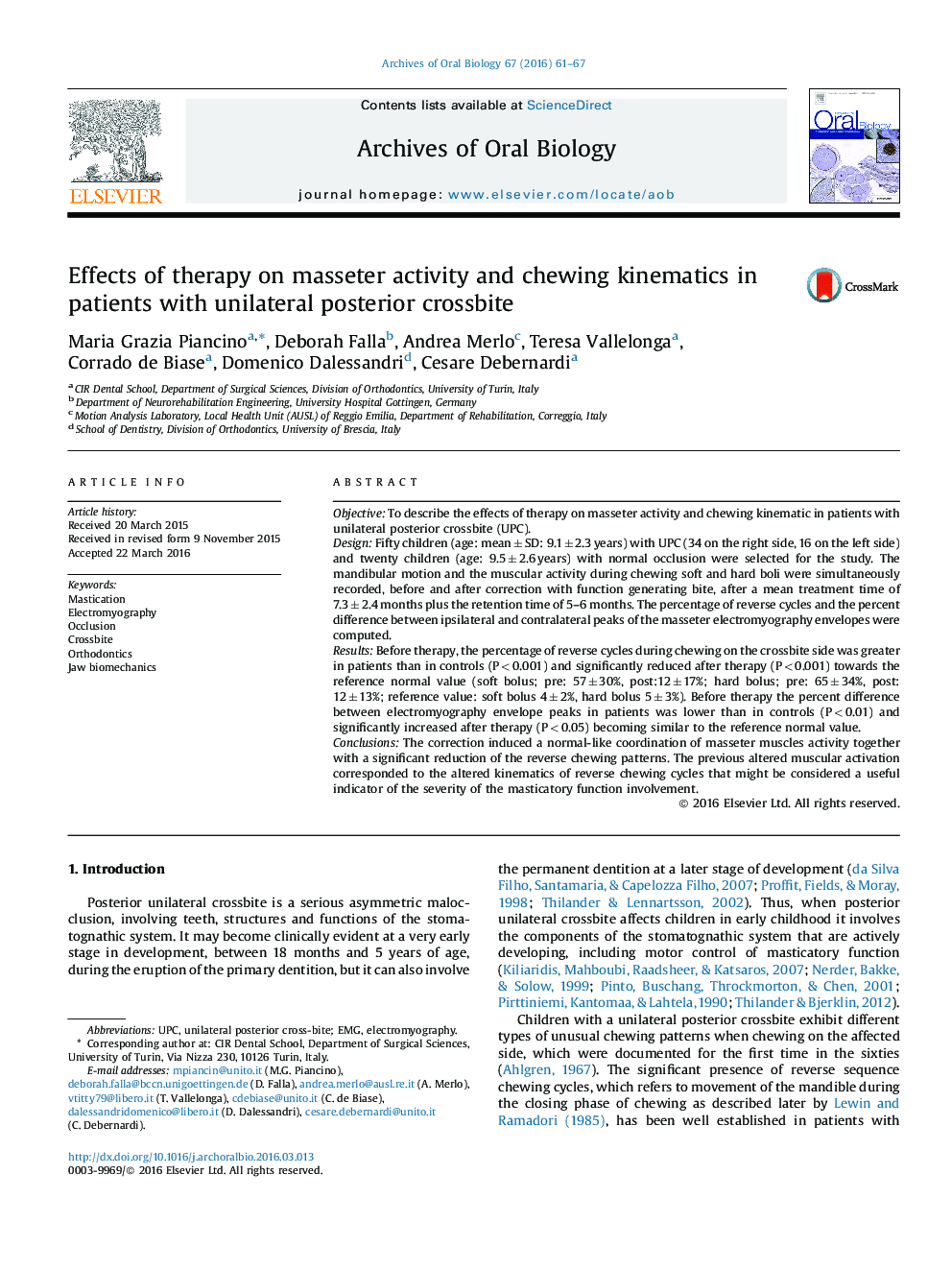 Effects of therapy on masseter activity and chewing kinematics in patients with unilateral posterior crossbite