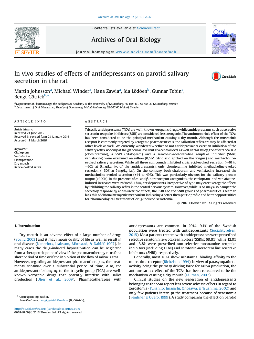 In vivo studies of effects of antidepressants on parotid salivary secretion in the rat