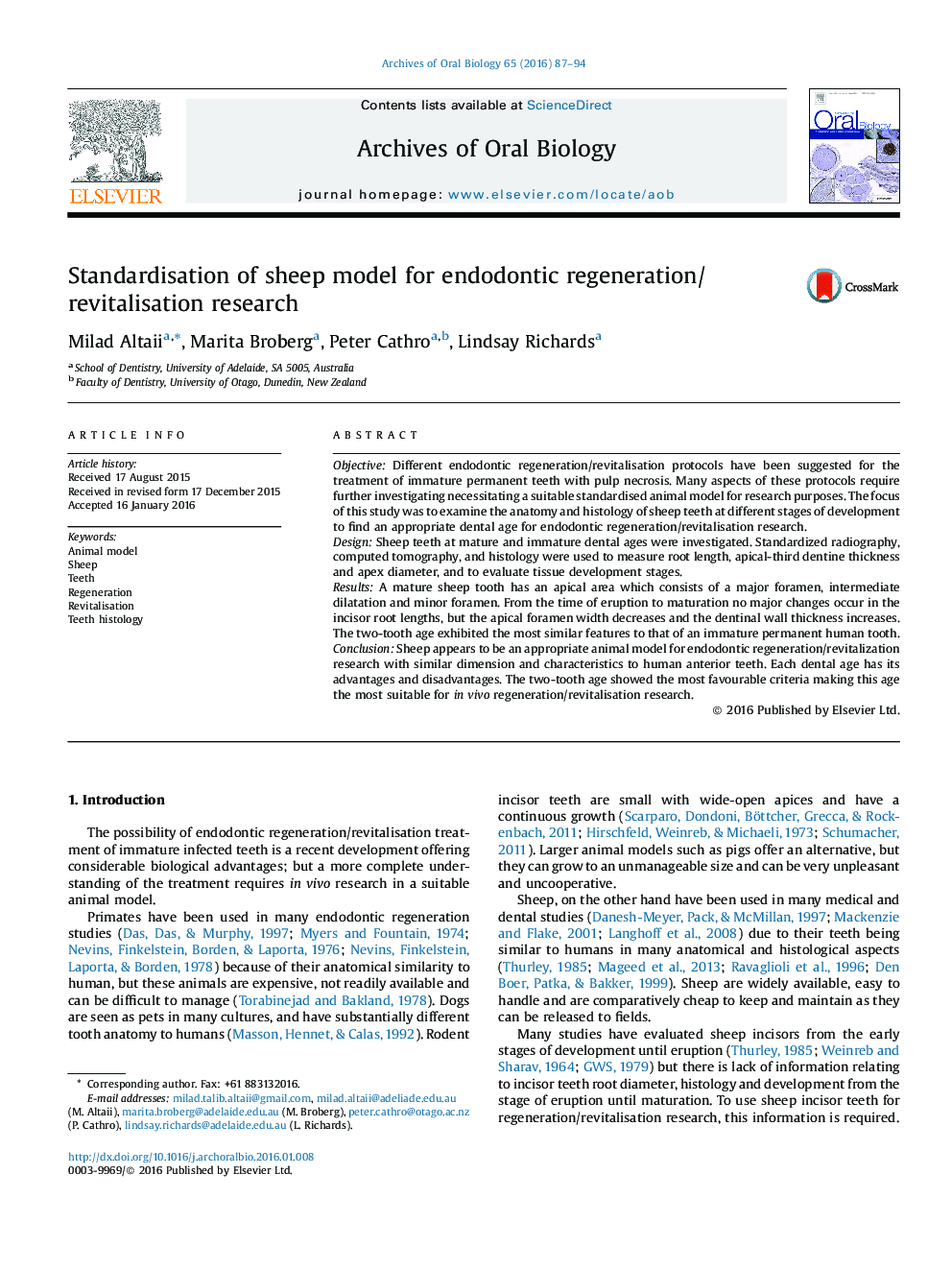 Standardisation of sheep model for endodontic regeneration/revitalisation research