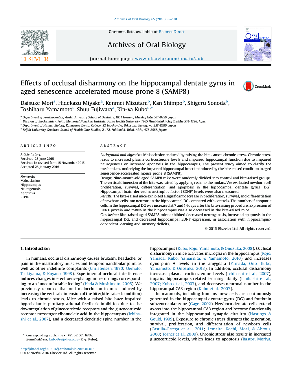 Effects of occlusal disharmony on the hippocampal dentate gyrus in aged senescence-accelerated mouse prone 8 (SAMP8)