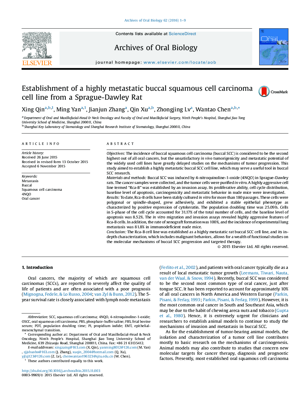 Establishment of a highly metastatic buccal squamous cell carcinoma cell line from a Sprague-Dawley Rat