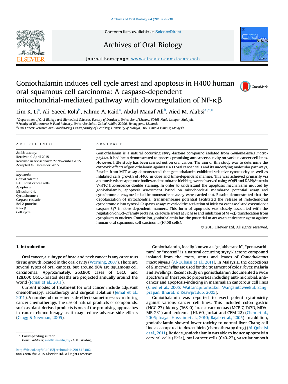 Goniothalamin induces cell cycle arrest and apoptosis in H400 human oral squamous cell carcinoma: A caspase-dependent mitochondrial-mediated pathway with downregulation of NF-κβ