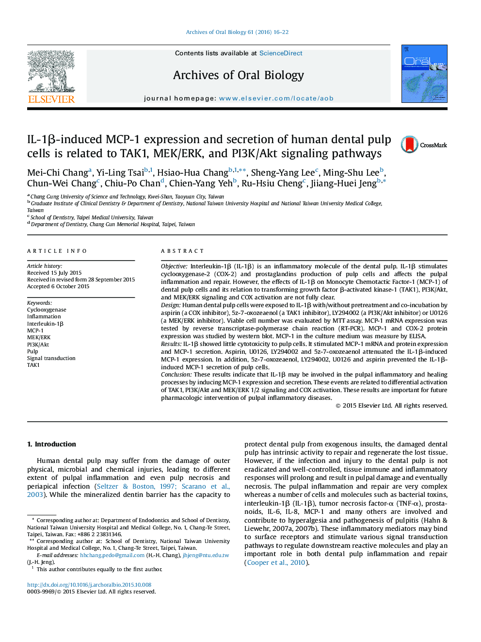 IL-1β-induced MCP-1 expression and secretion of human dental pulp cells is related to TAK1, MEK/ERK, and PI3K/Akt signaling pathways