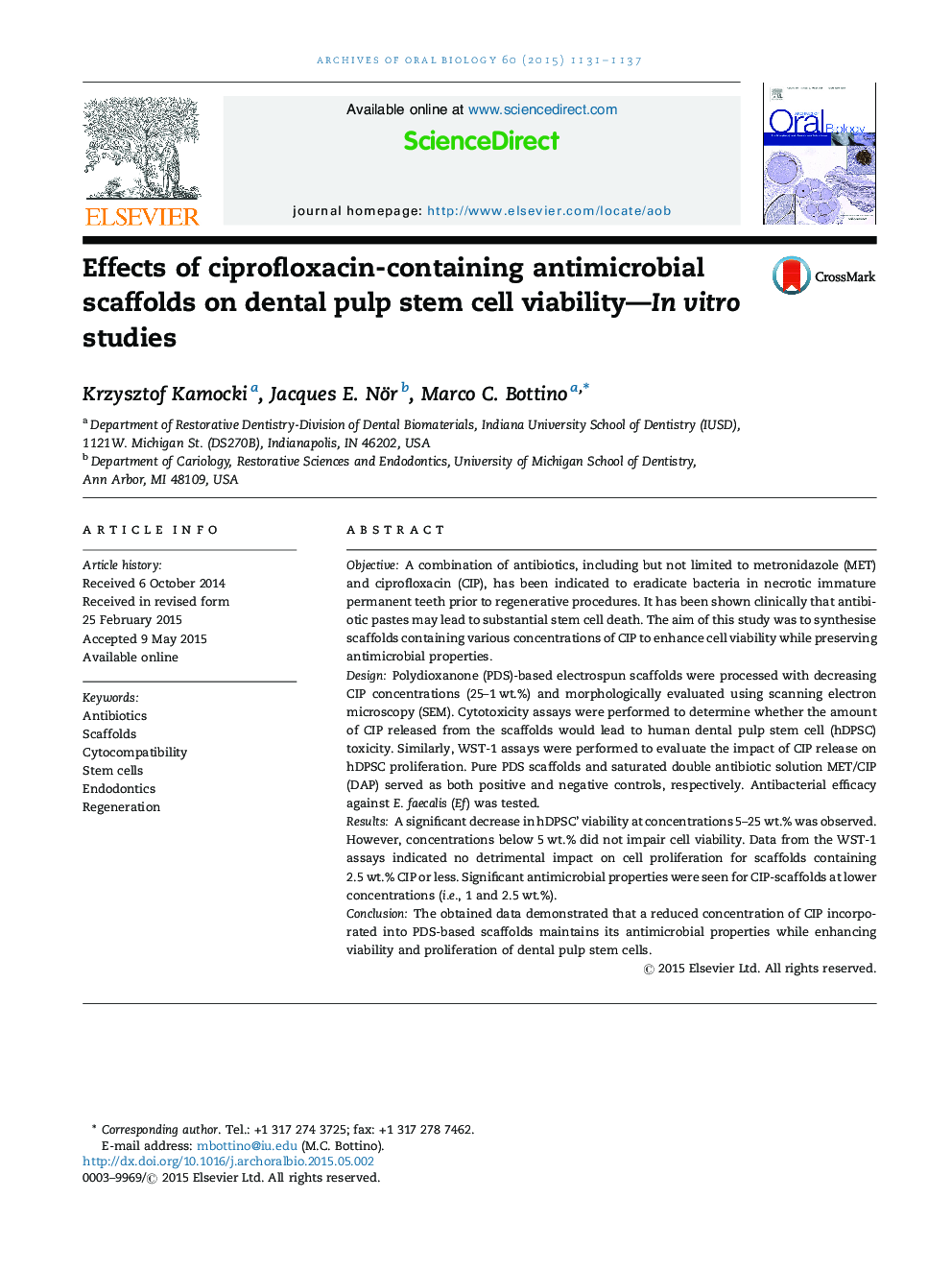 Effects of ciprofloxacin-containing antimicrobial scaffolds on dental pulp stem cell viability—In vitro studies
