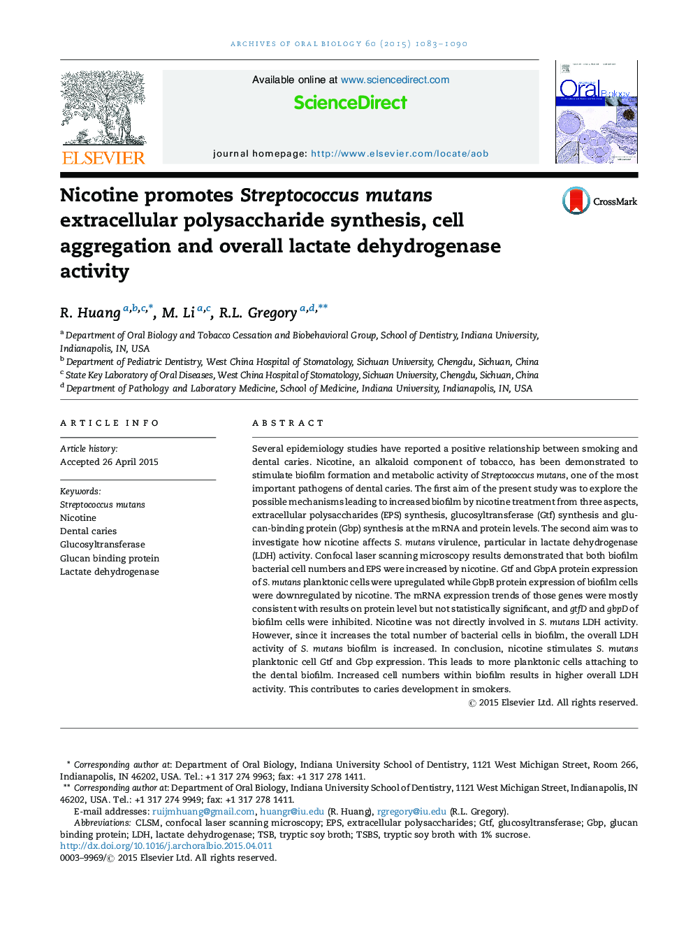 Nicotine promotes Streptococcus mutans extracellular polysaccharide synthesis, cell aggregation and overall lactate dehydrogenase activity