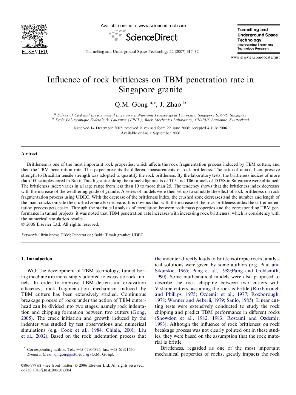 Influence of rock brittleness on TBM penetration rate in Singapore granite