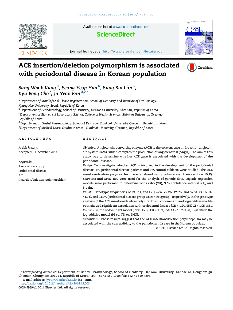 ACE insertion/deletion polymorphism is associated with periodontal disease in Korean population