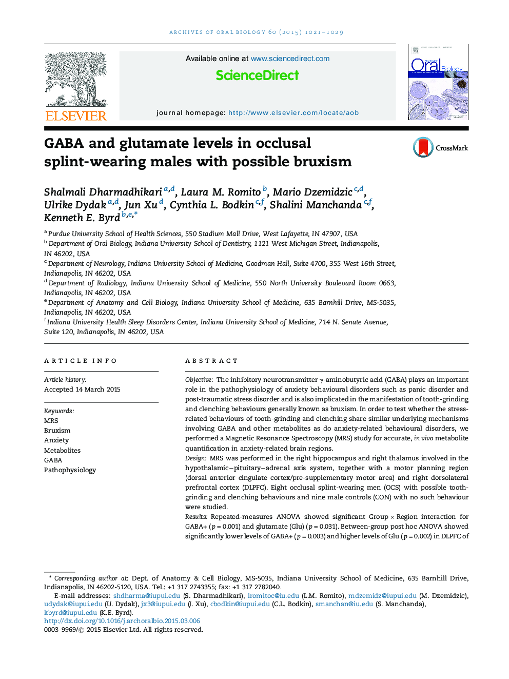 GABA and glutamate levels in occlusal splint-wearing males with possible bruxism