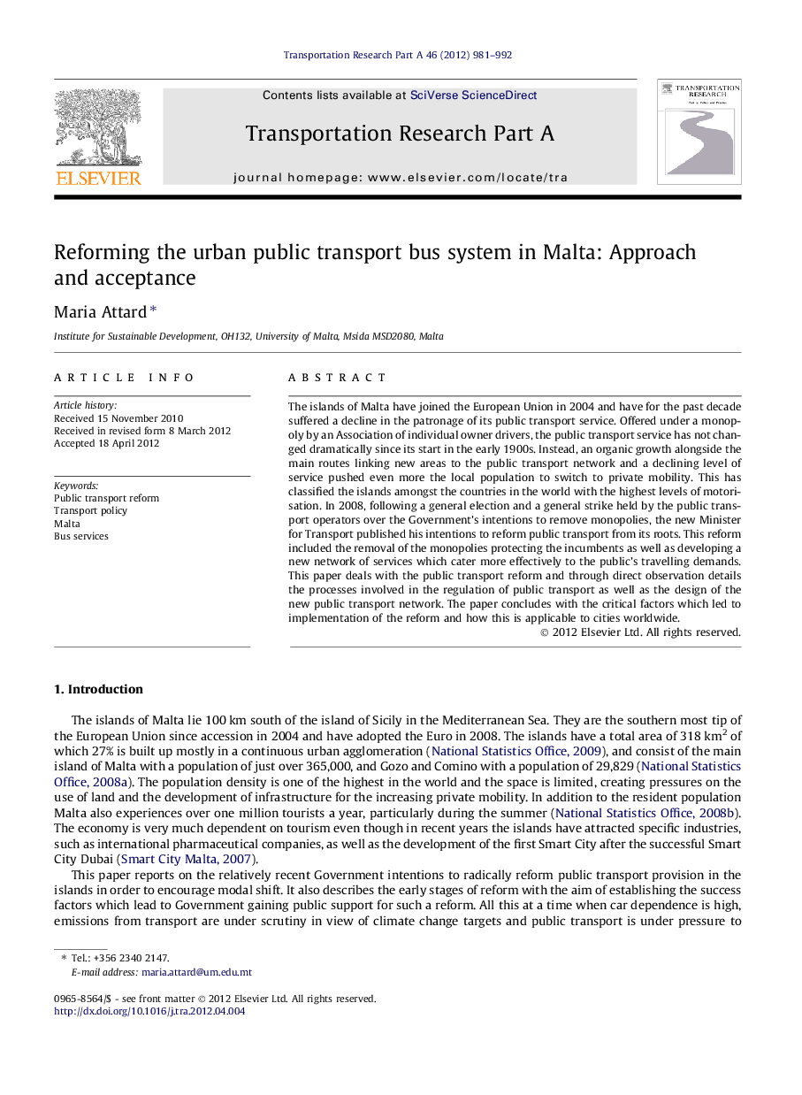 عکس صفحه اول مقاله: Reforming the urban public transport bus system in Malta: Approach and acceptance Reforming the urban public transport bus system in Malta: Approach and acceptance