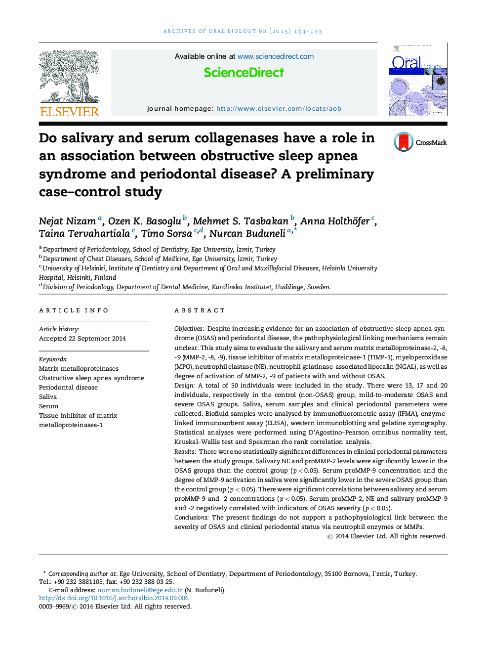 Do salivary and serum collagenases have a role in an association between obstructive sleep apnea syndrome and periodontal disease? A preliminary case–control study