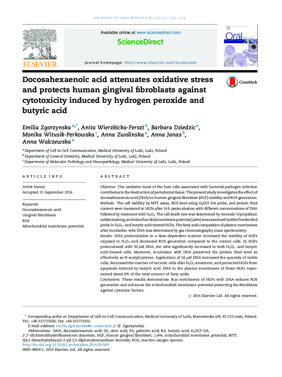 Docosahexaenoic acid attenuates oxidative stress and protects human gingival fibroblasts against cytotoxicity induced by hydrogen peroxide and butyric acid