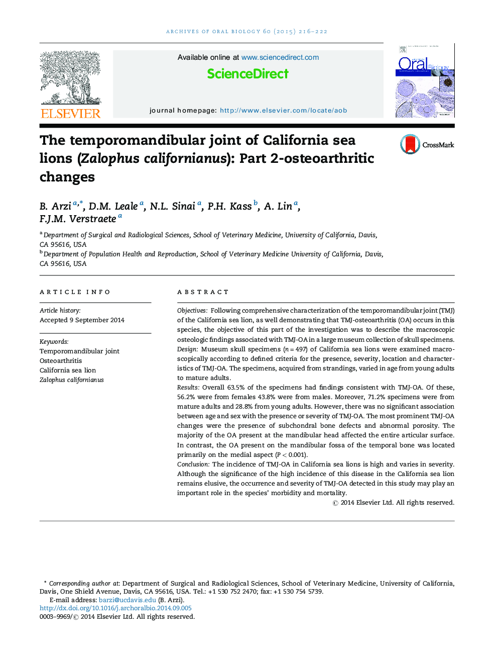 The temporomandibular joint of California sea lions (Zalophus californianus): Part 2-osteoarthritic changes