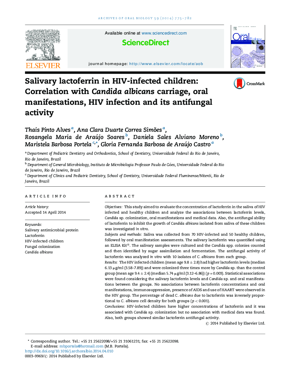 Salivary lactoferrin in HIV-infected children: Correlation with Candida albicans carriage, oral manifestations, HIV infection and its antifungal activity