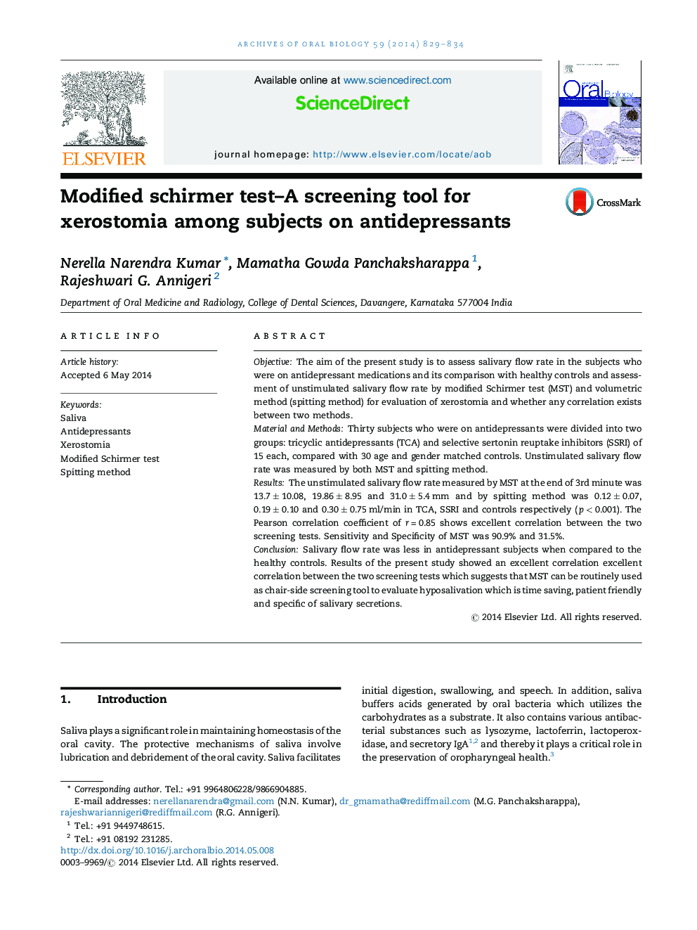 Modified schirmer test–A screening tool for xerostomia among subjects on antidepressants