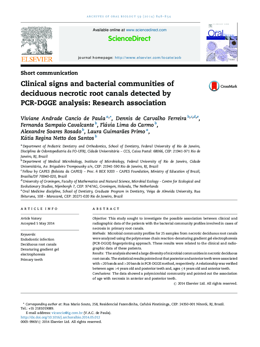 Clinical signs and bacterial communities of deciduous necrotic root canals detected by PCR-DGGE analysis: Research association