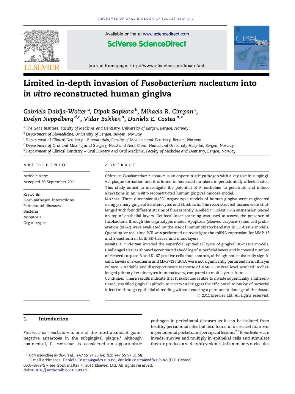 Limited in-depth invasion of Fusobacterium nucleatum into in vitro reconstructed human gingiva