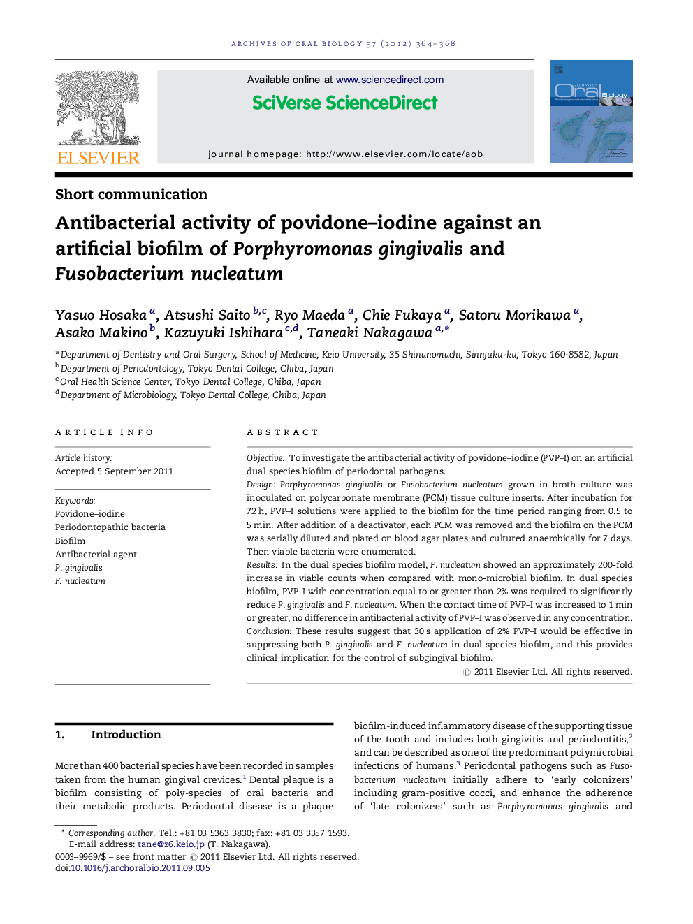 Antibacterial activity of povidone–iodine against an artificial biofilm of Porphyromonas gingivalis and Fusobacterium nucleatum