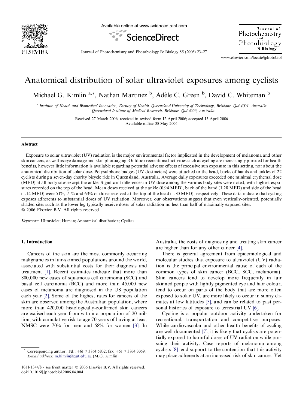 Anatomical distribution of solar ultraviolet exposures among cyclists