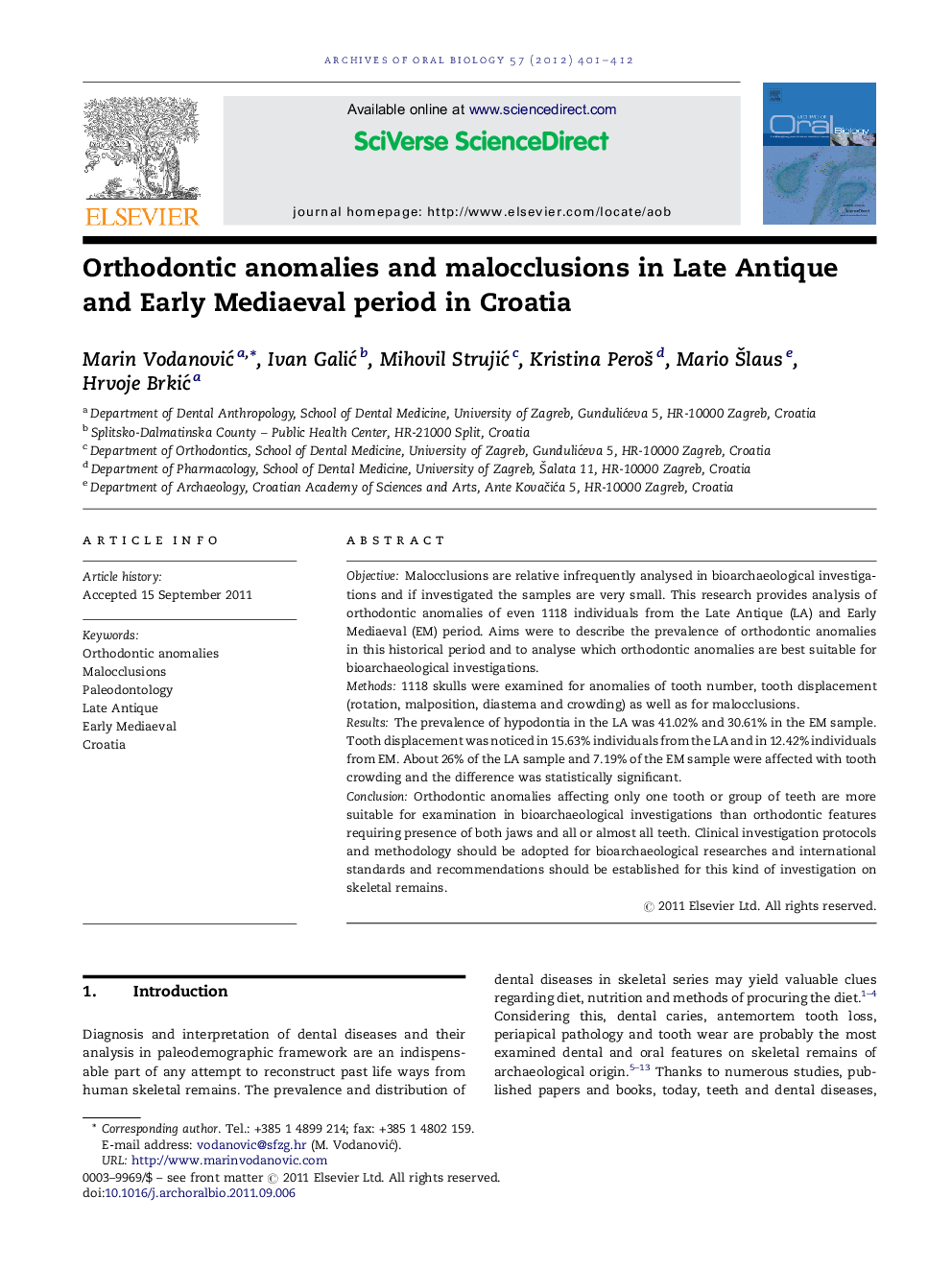 Orthodontic anomalies and malocclusions in Late Antique and Early Mediaeval period in Croatia