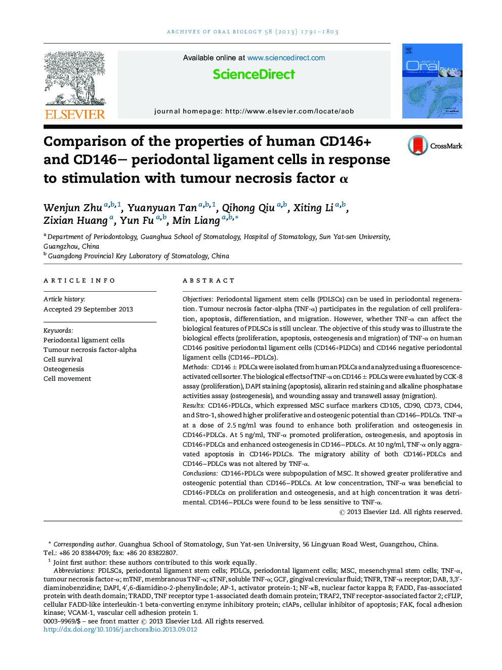 Comparison of the properties of human CD146+ and CD146− periodontal ligament cells in response to stimulation with tumour necrosis factor α