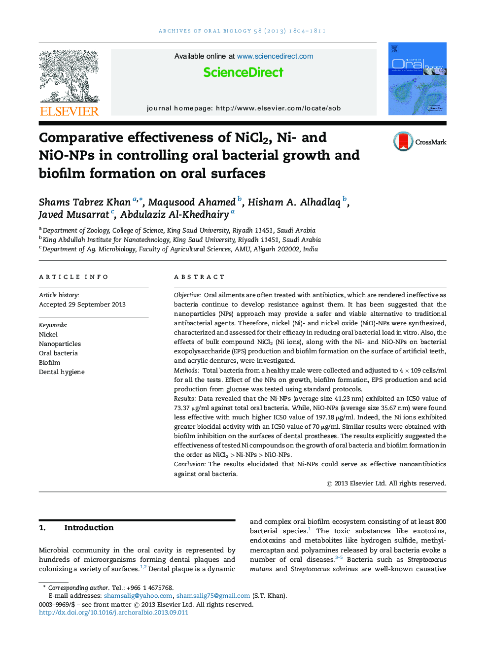 Comparative effectiveness of NiCl2, Ni- and NiO-NPs in controlling oral bacterial growth and biofilm formation on oral surfaces