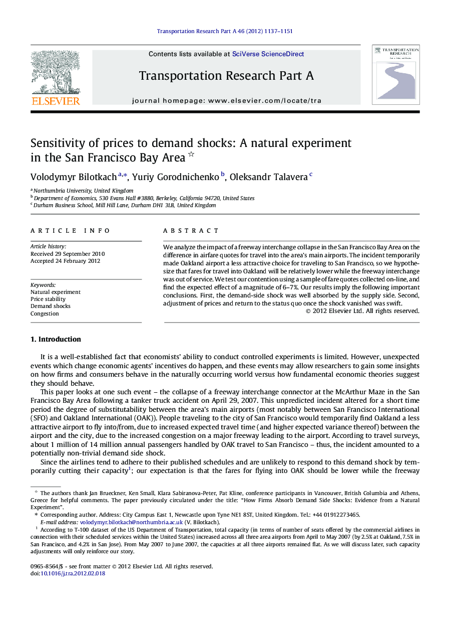 Sensitivity of prices to demand shocks: A natural experiment in the San Francisco Bay Area 