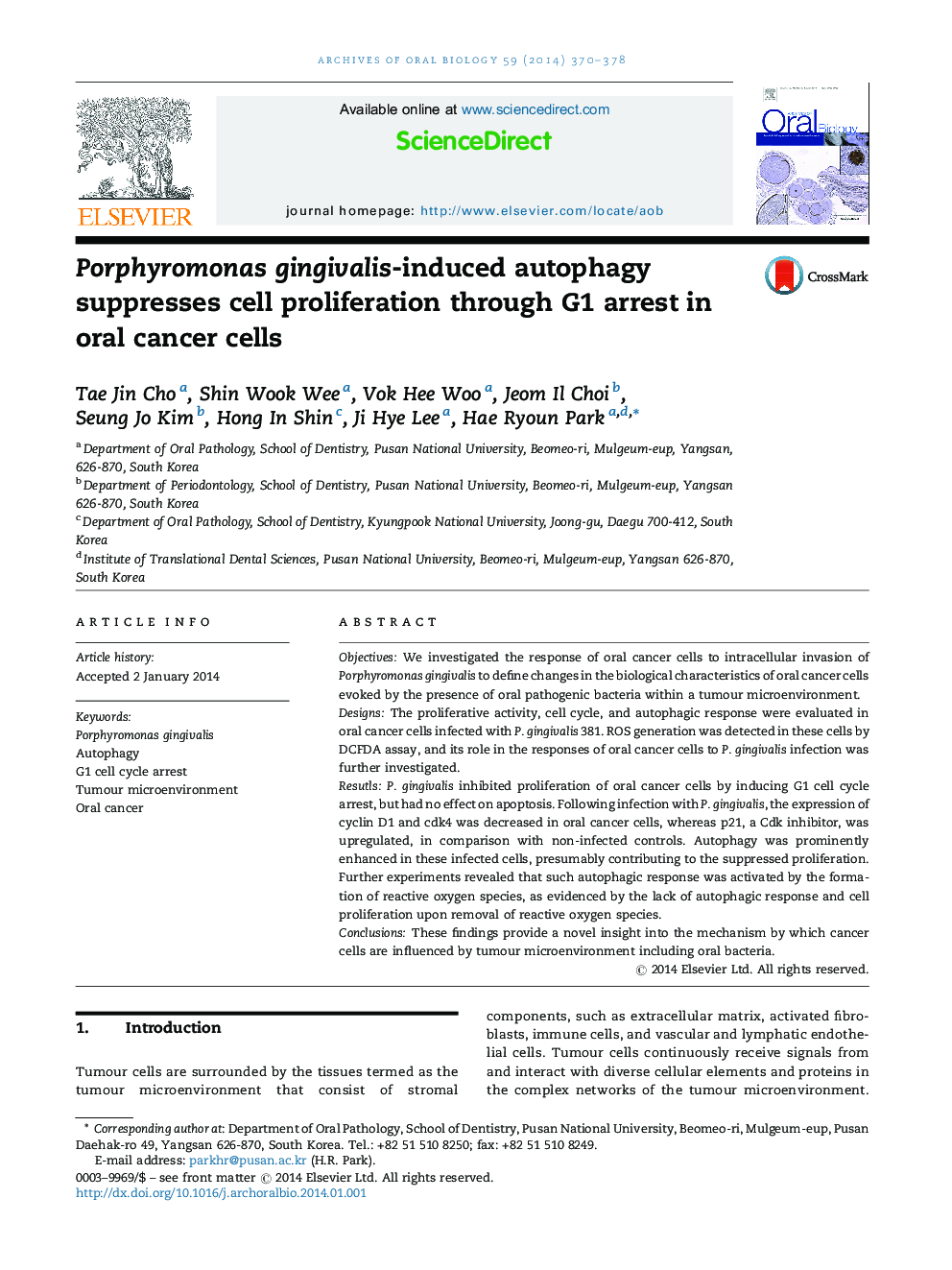 Porphyromonas gingivalis-induced autophagy suppresses cell proliferation through G1 arrest in oral cancer cells