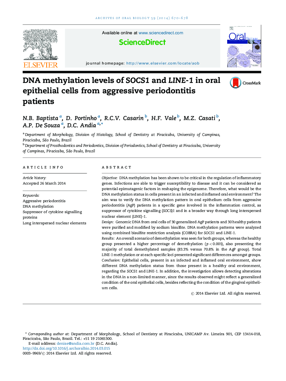 DNA methylation levels of SOCS1 and LINE-1 in oral epithelial cells from aggressive periodontitis patients