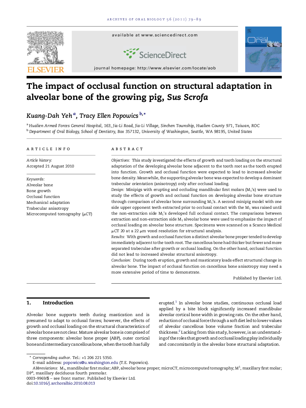 The impact of occlusal function on structural adaptation in alveolar bone of the growing pig, Sus Scrofa