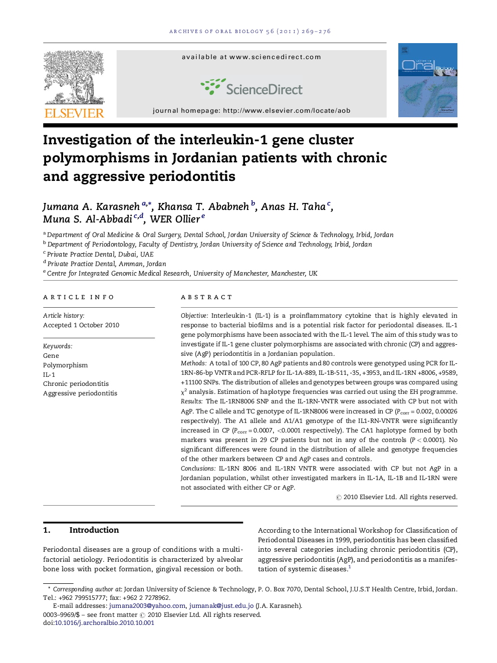 Investigation of the interleukin-1 gene cluster polymorphisms in Jordanian patients with chronic and aggressive periodontitis