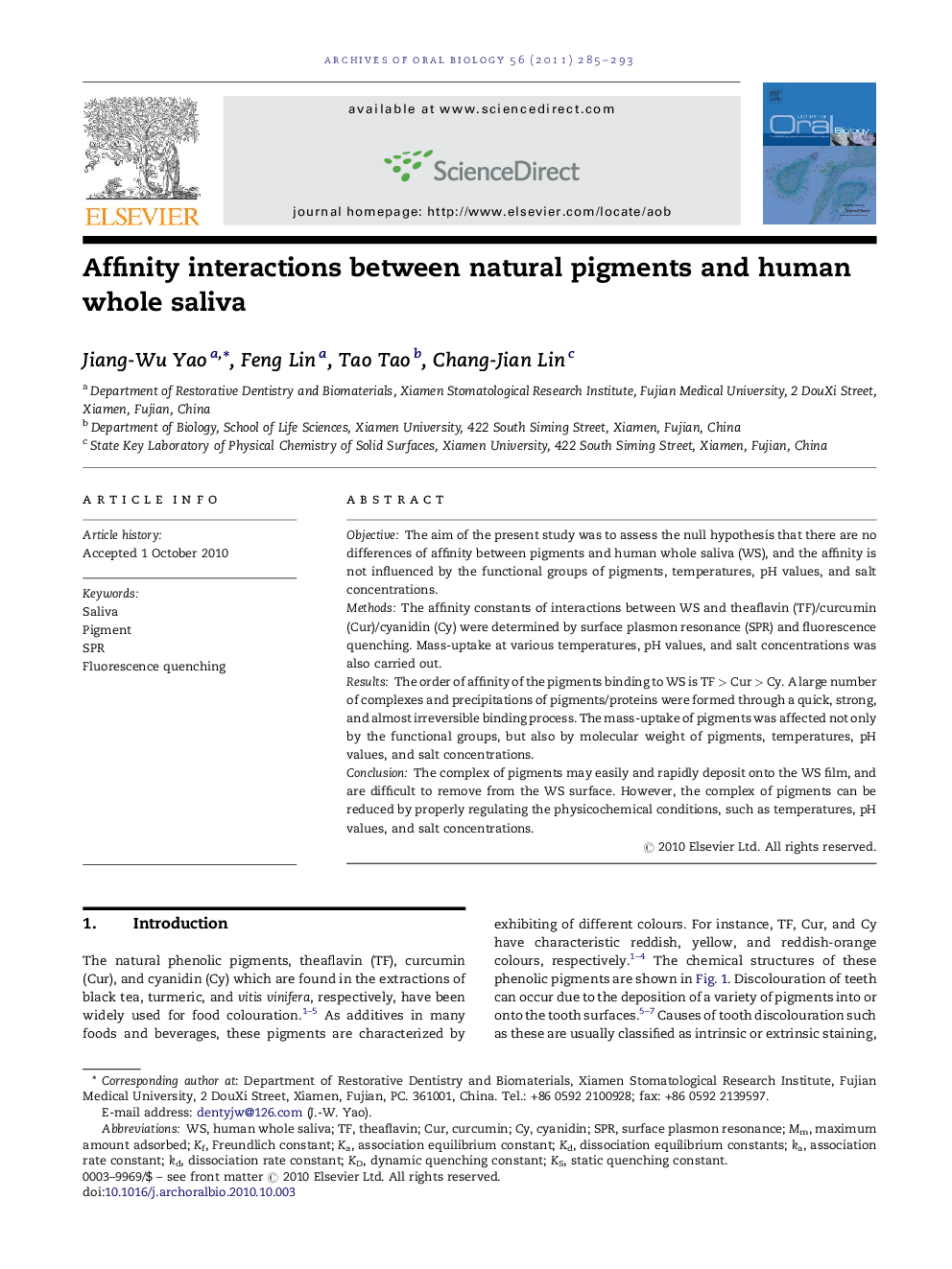 Affinity interactions between natural pigments and human whole saliva