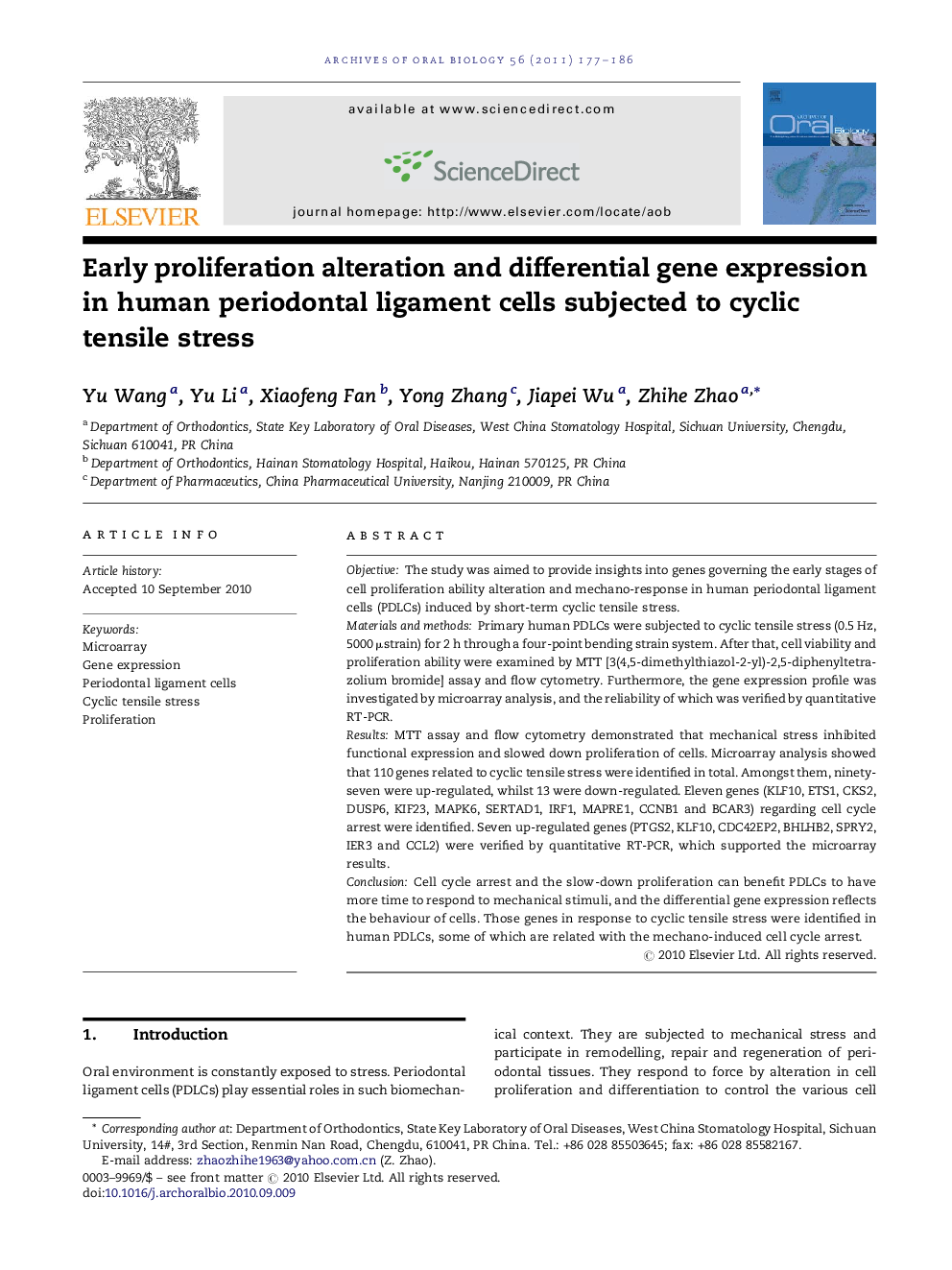 Early proliferation alteration and differential gene expression in human periodontal ligament cells subjected to cyclic tensile stress