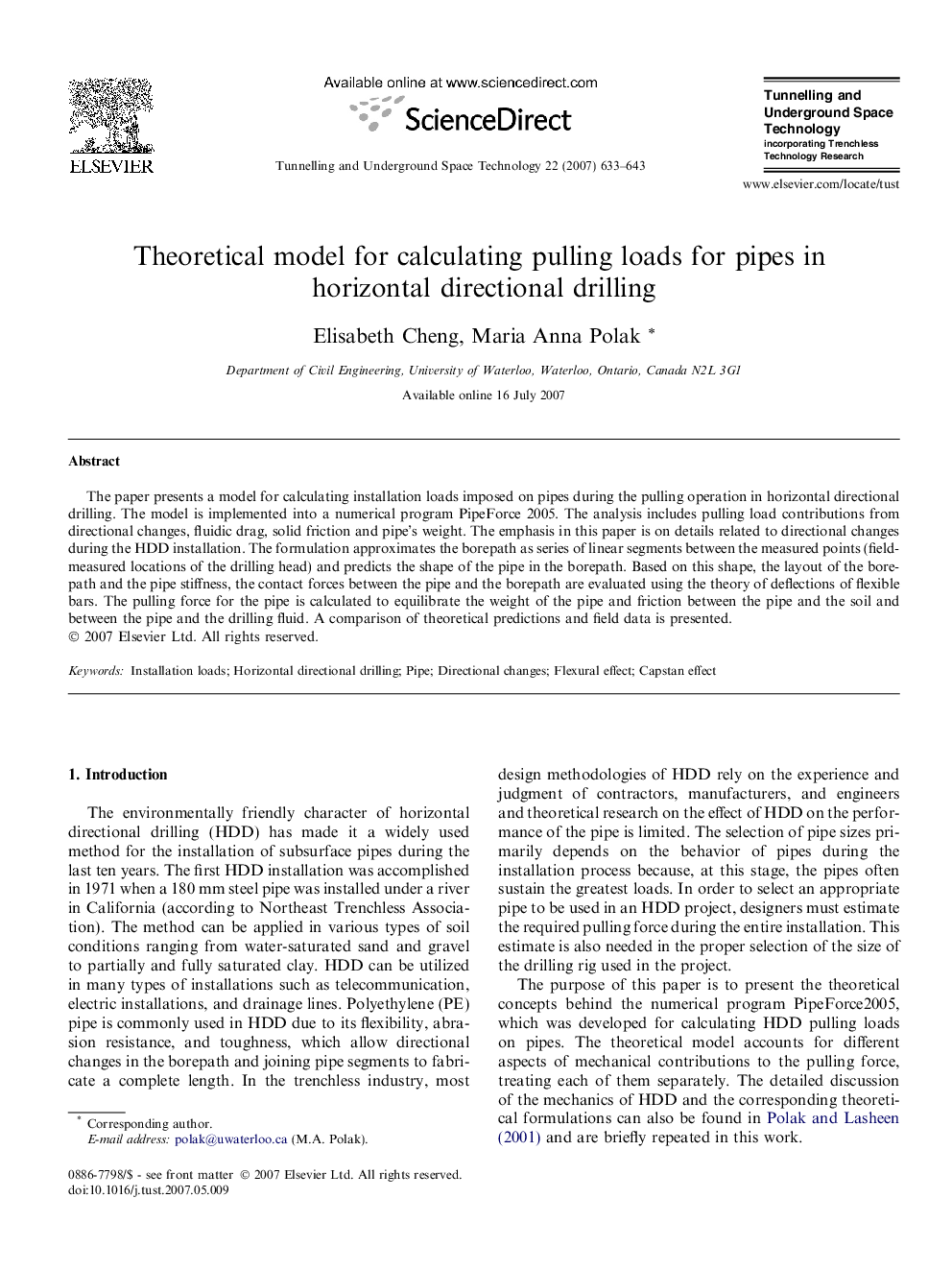 Theoretical model for calculating pulling loads for pipes in horizontal directional drilling