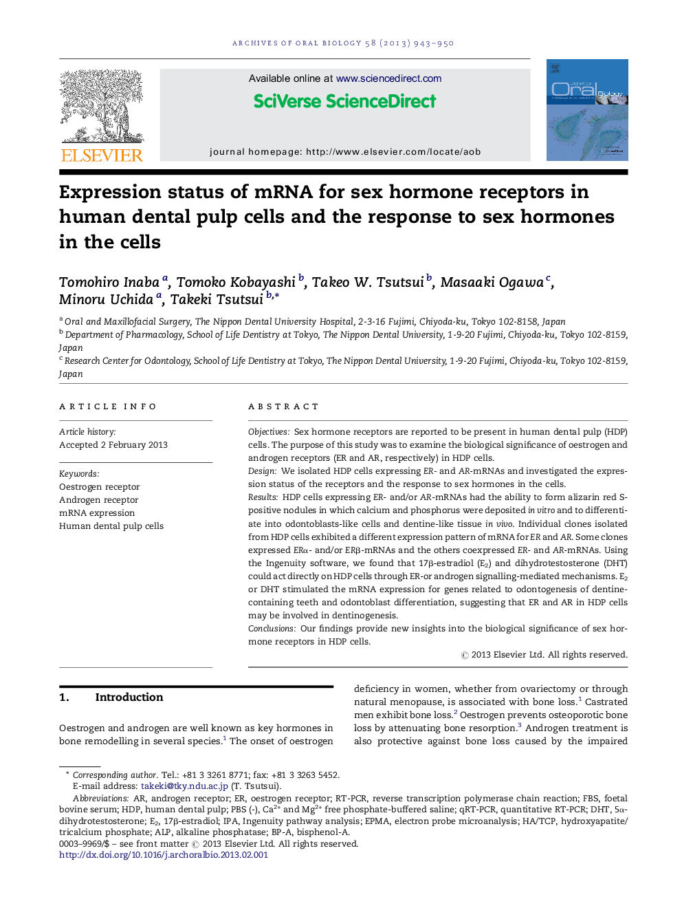 Expression status of mRNA for sex hormone receptors in human dental pulp cells and the response to sex hormones in the cells