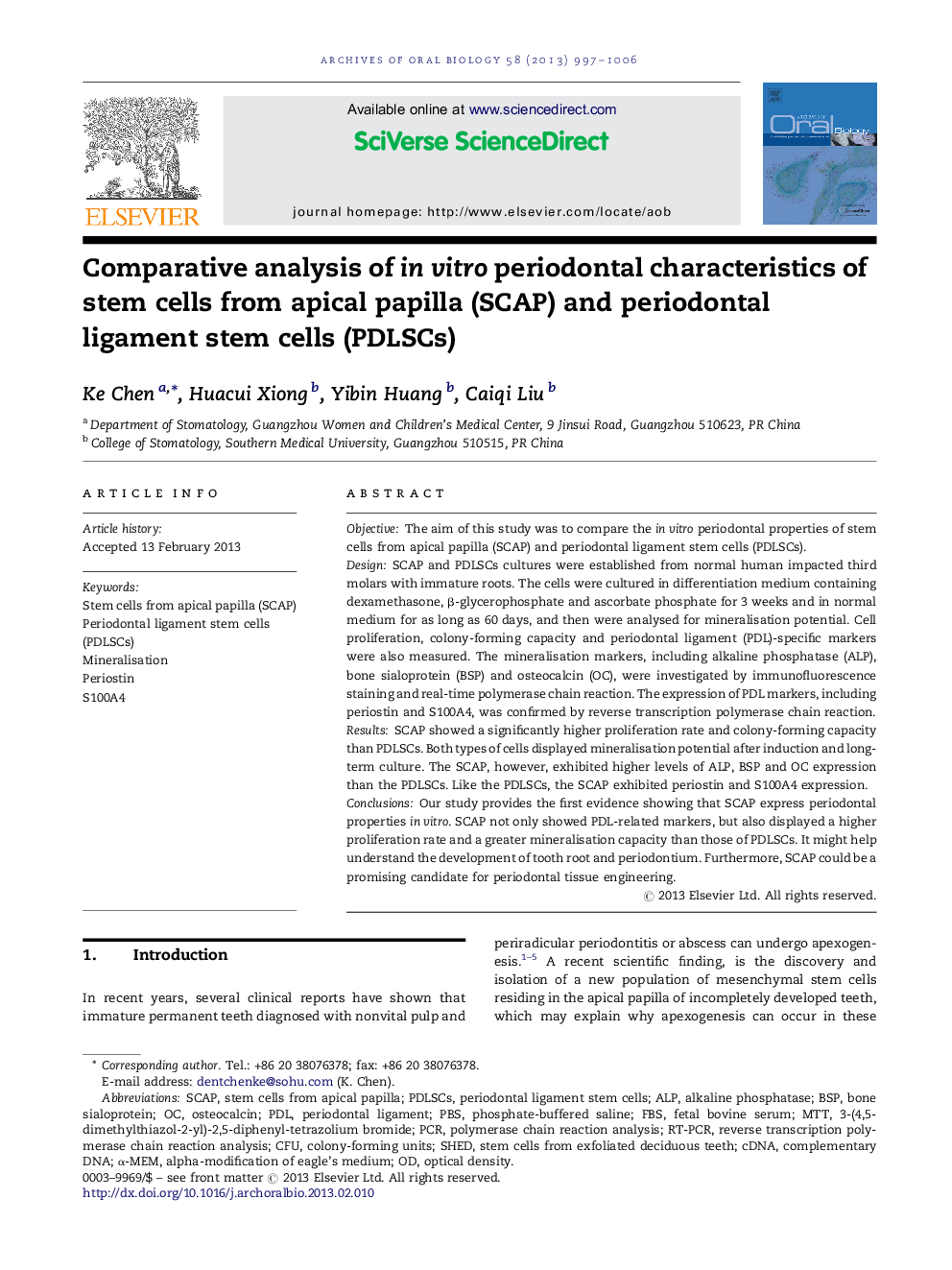 Comparative analysis of in vitro periodontal characteristics of stem cells from apical papilla (SCAP) and periodontal ligament stem cells (PDLSCs)