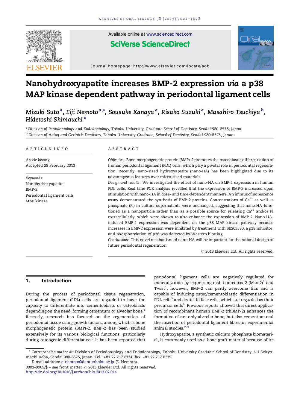 Nanohydroxyapatite increases BMP-2 expression via a p38 MAP kinase dependent pathway in periodontal ligament cells