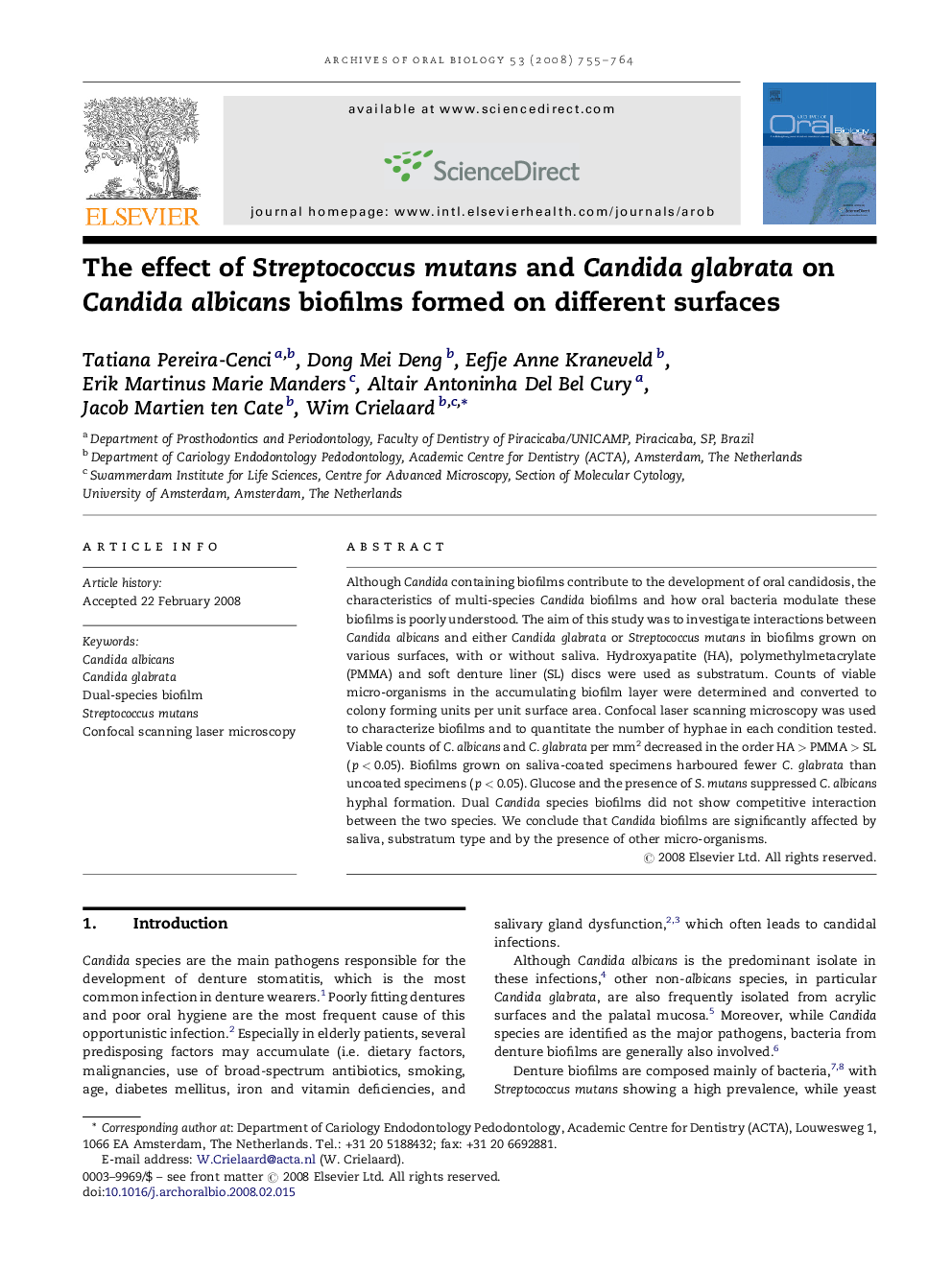 The effect of Streptococcus mutans and Candida glabrata on Candida albicans biofilms formed on different surfaces