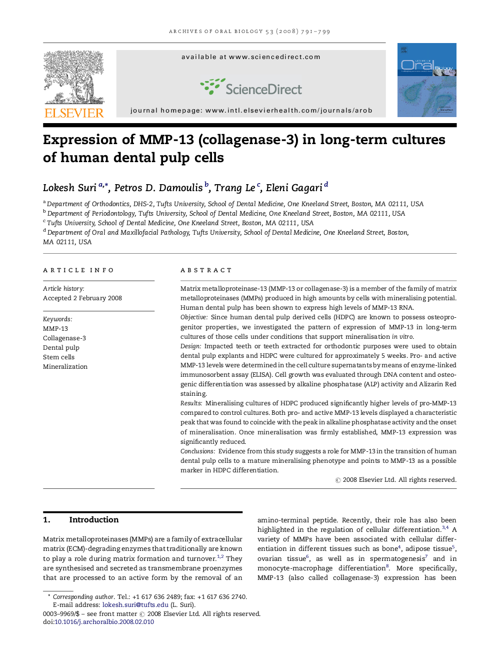 Expression of MMP-13 (collagenase-3) in long-term cultures of human dental pulp cells