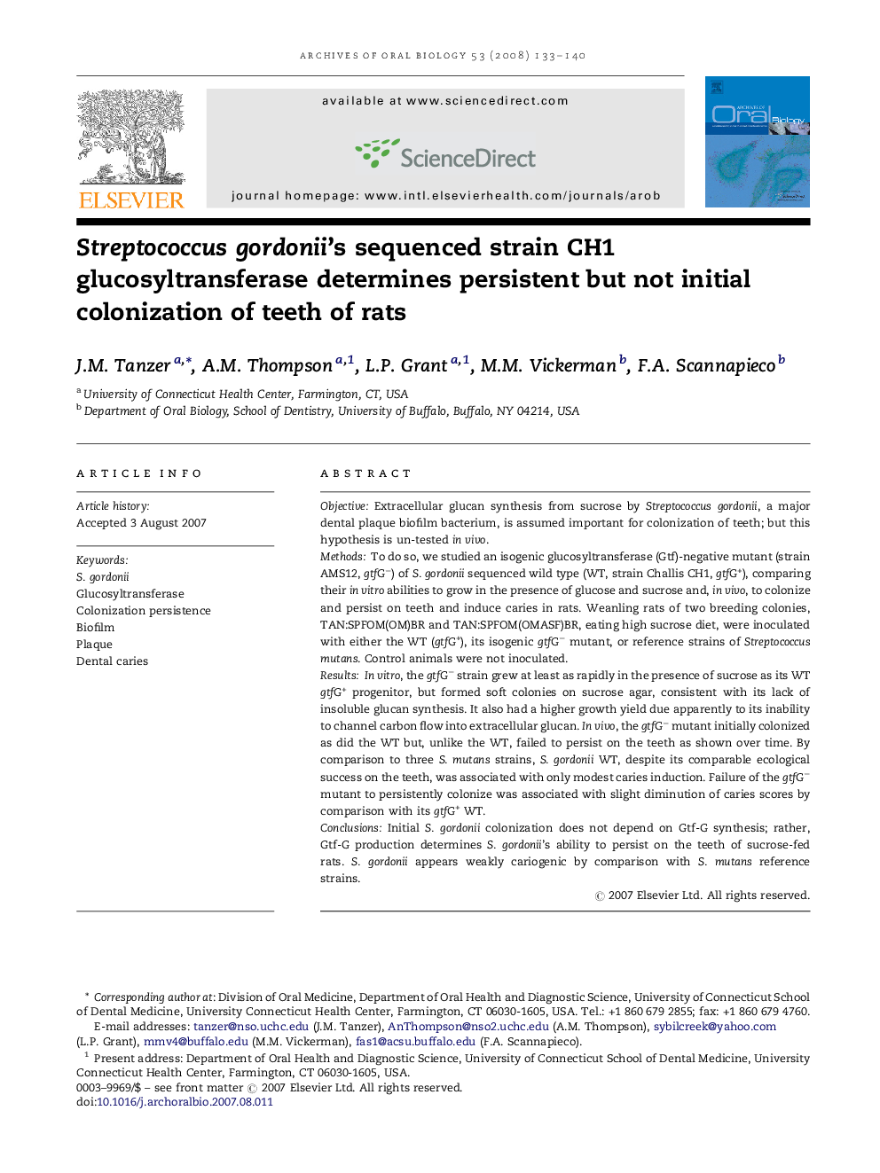 Streptococcus gordonii's sequenced strain CH1 glucosyltransferase determines persistent but not initial colonization of teeth of rats