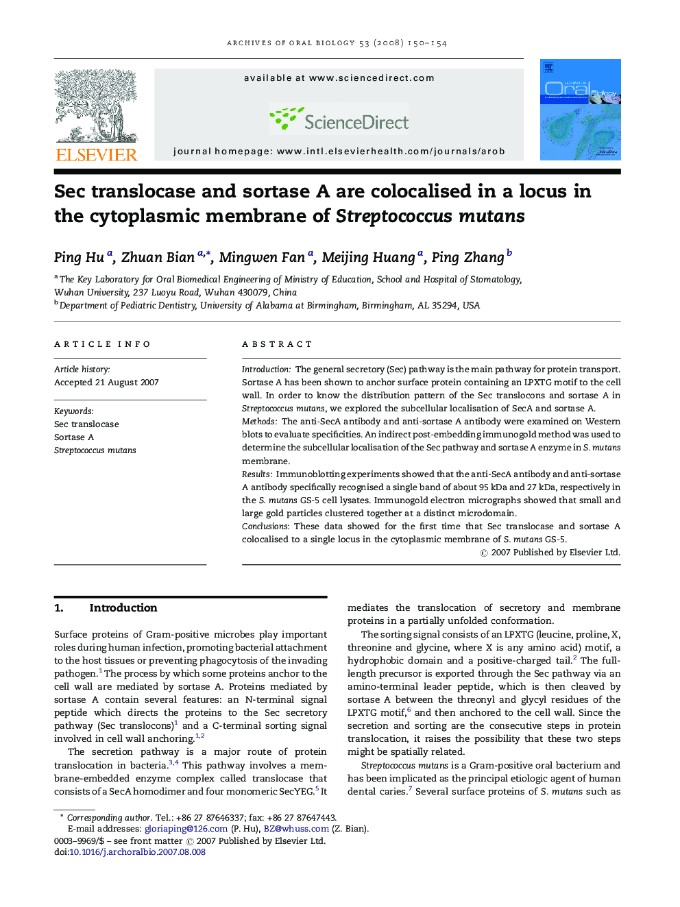 Sec translocase and sortase A are colocalised in a locus in the cytoplasmic membrane of Streptococcus mutans