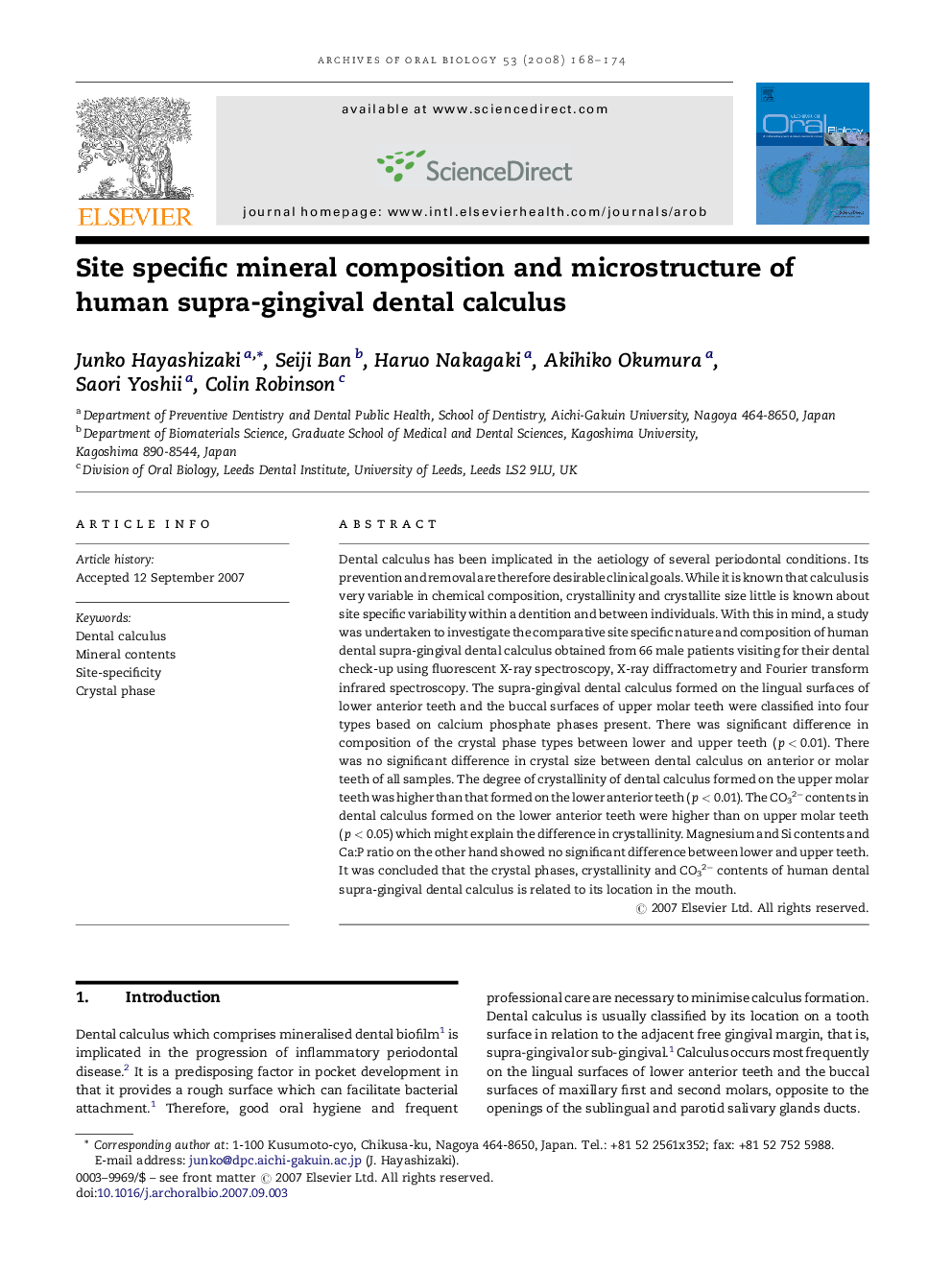 Site specific mineral composition and microstructure of human supra-gingival dental calculus