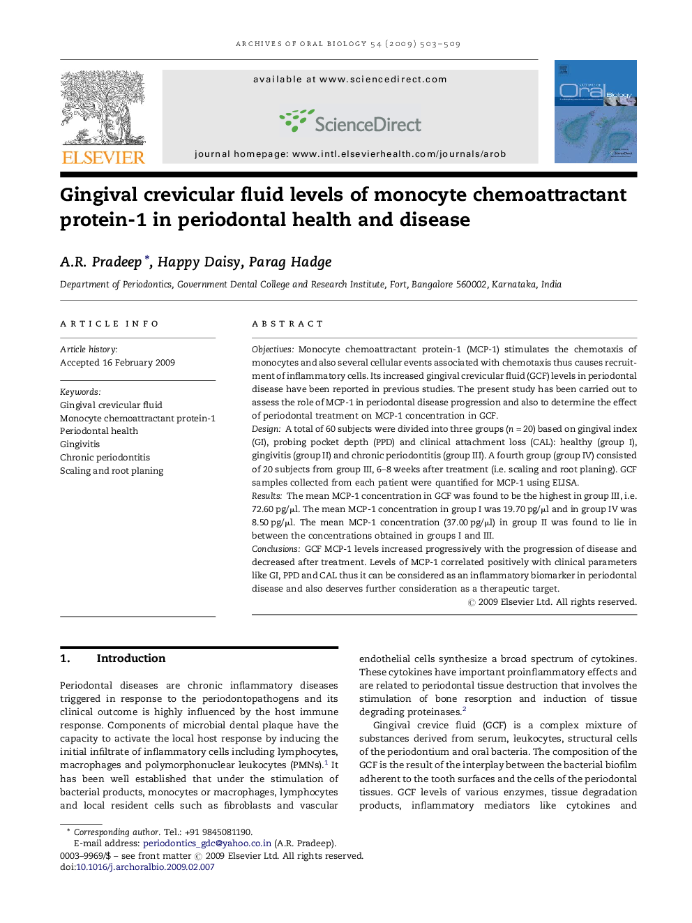 Gingival crevicular fluid levels of monocyte chemoattractant protein-1 in periodontal health and disease