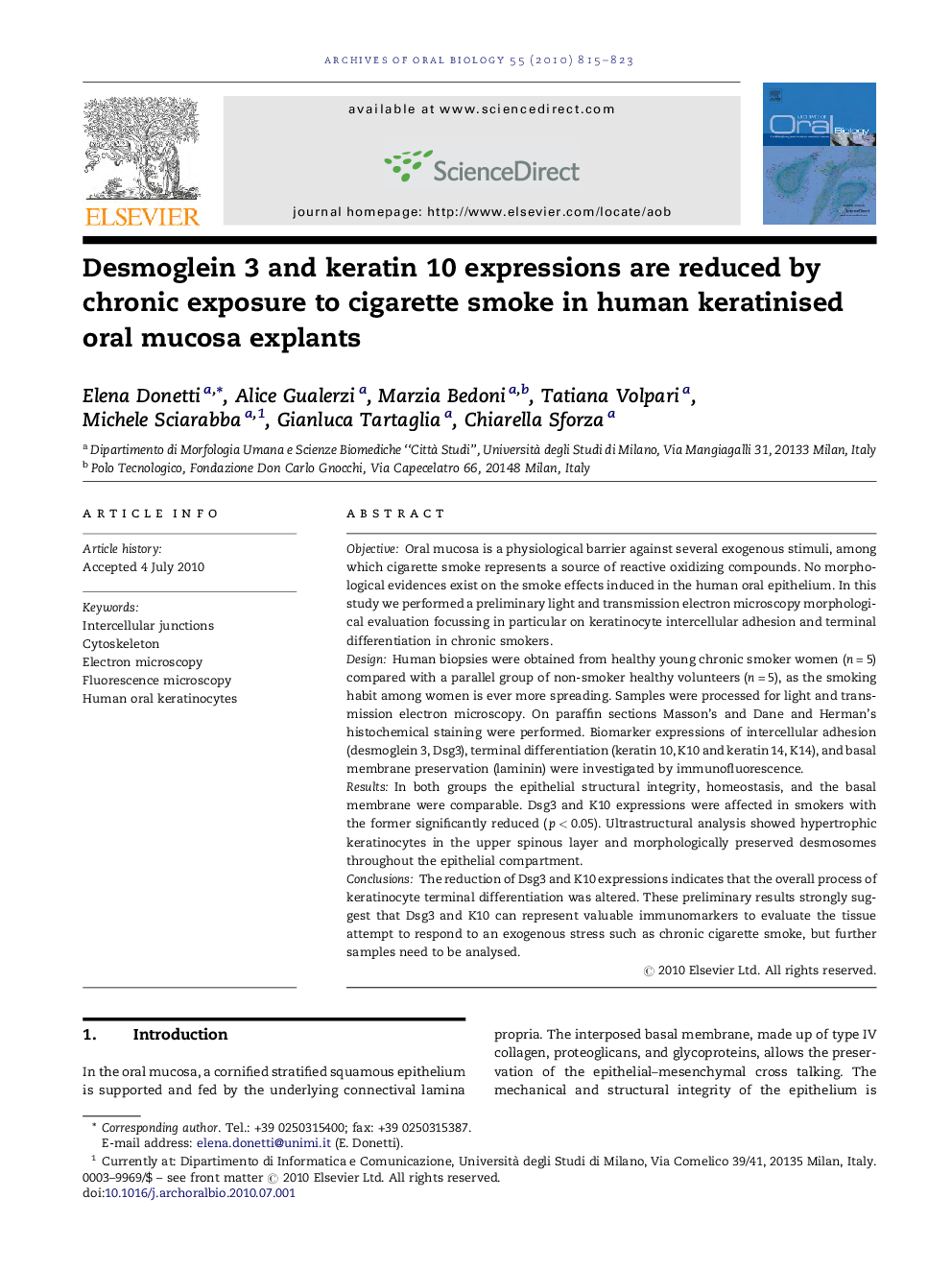 Desmoglein 3 and keratin 10 expressions are reduced by chronic exposure to cigarette smoke in human keratinised oral mucosa explants