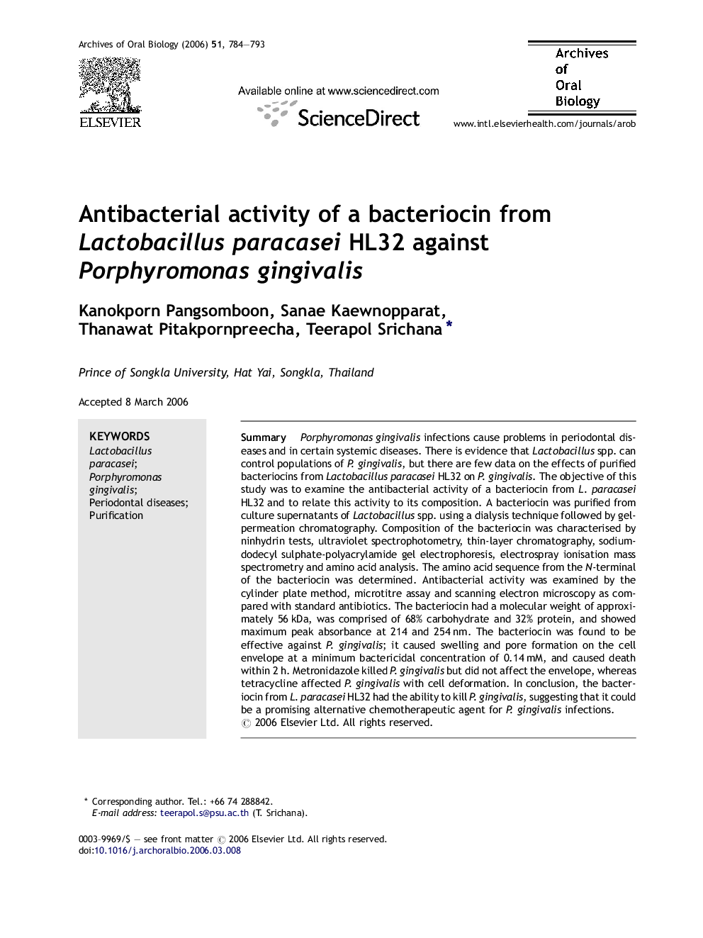 Antibacterial activity of a bacteriocin from Lactobacillus paracasei HL32 against Porphyromonas gingivalis