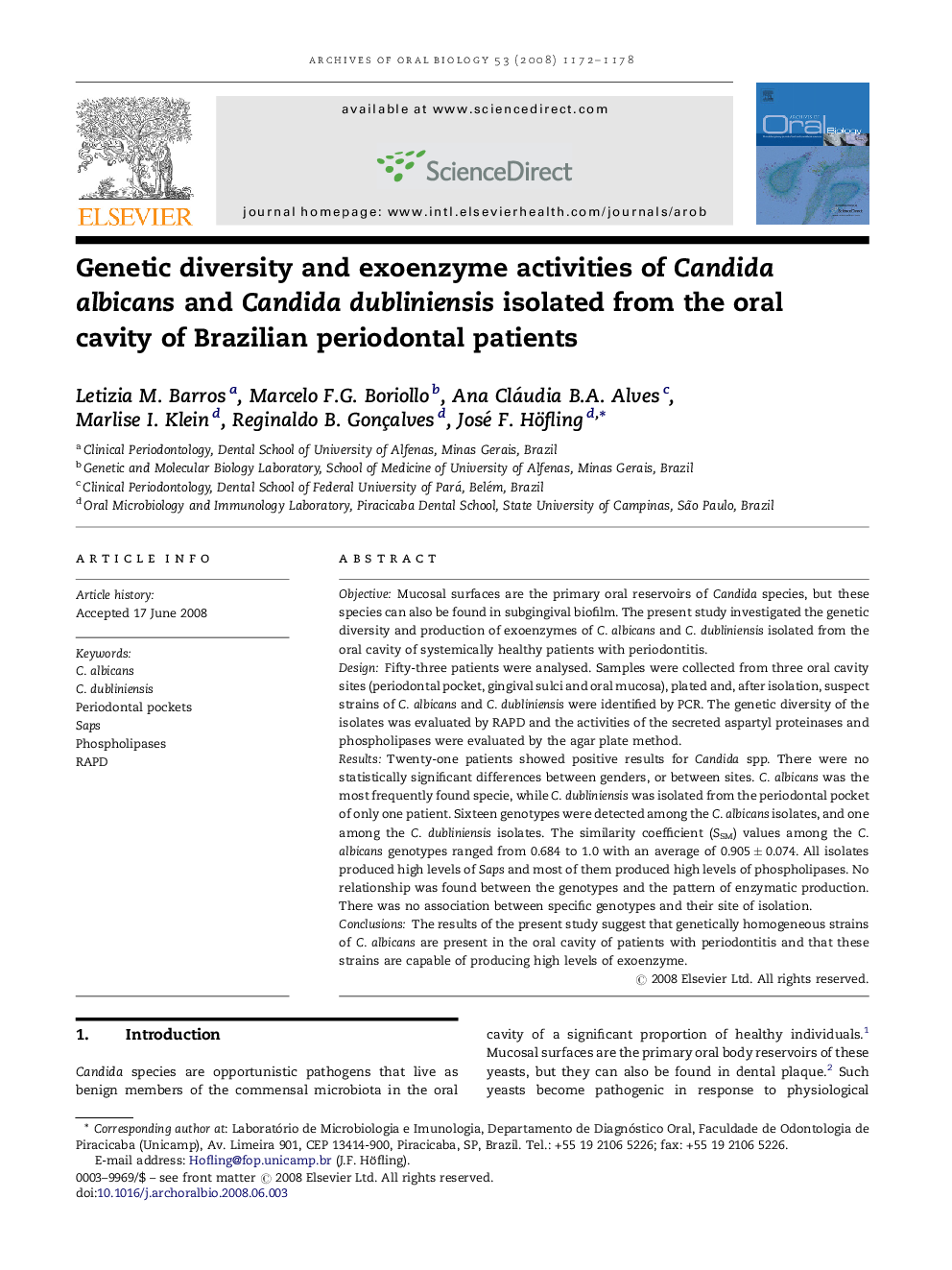 Genetic diversity and exoenzyme activities of Candida albicans and Candida dubliniensis isolated from the oral cavity of Brazilian periodontal patients