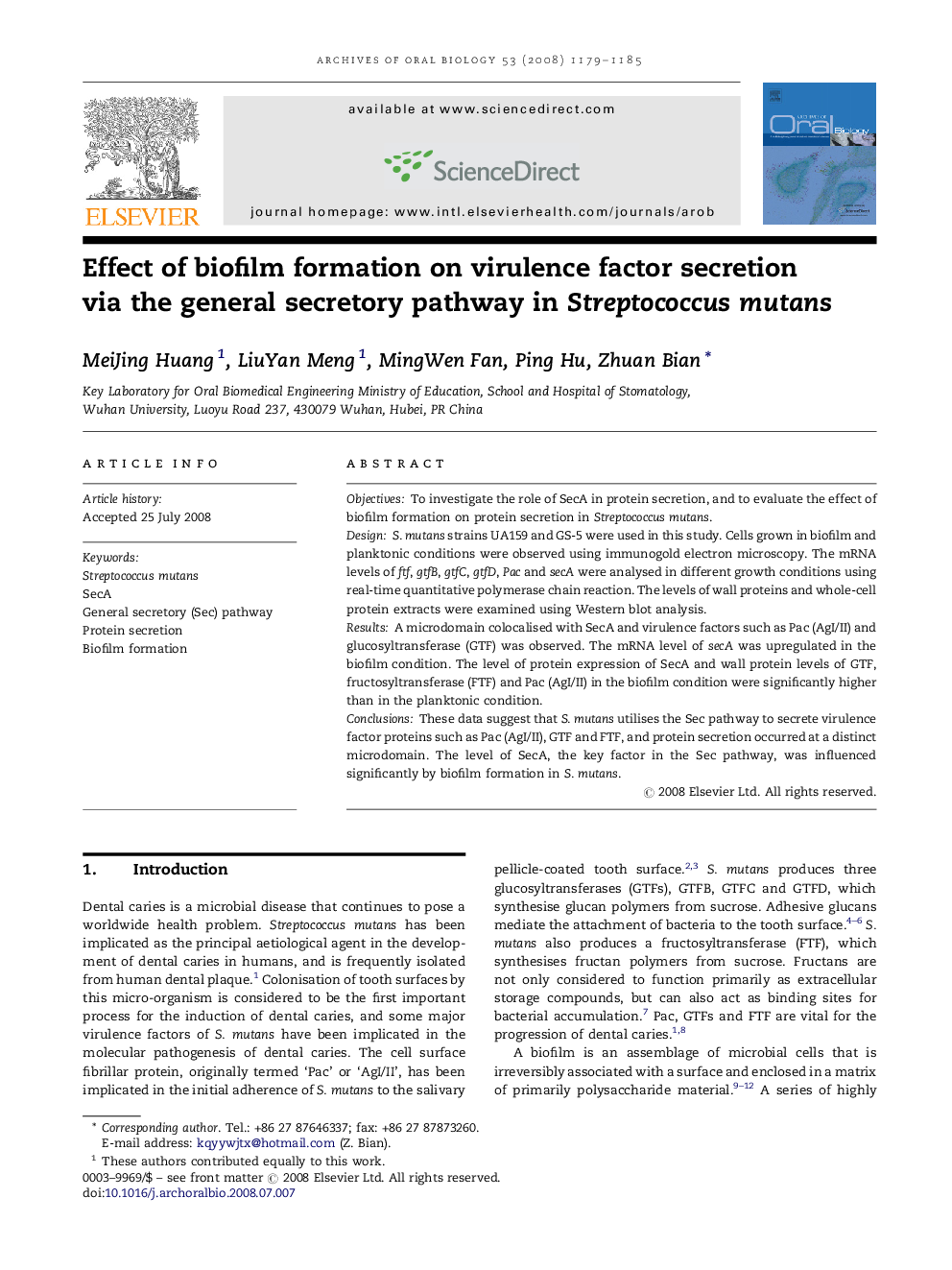 Effect of biofilm formation on virulence factor secretion via the general secretory pathway in Streptococcus mutans