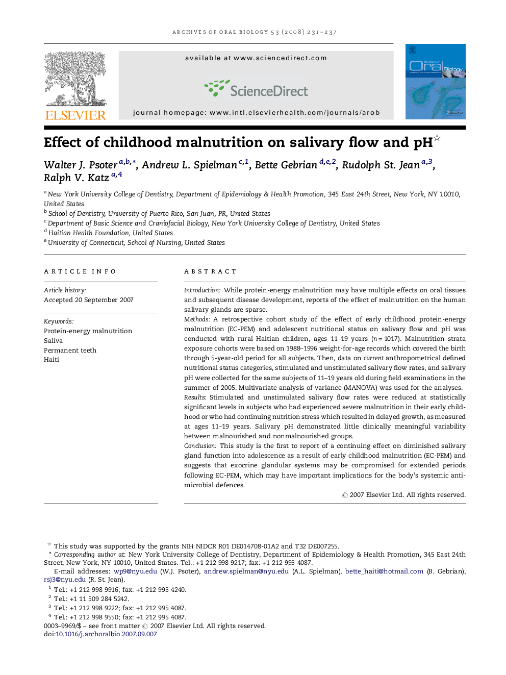 Effect of childhood malnutrition on salivary flow and pH 