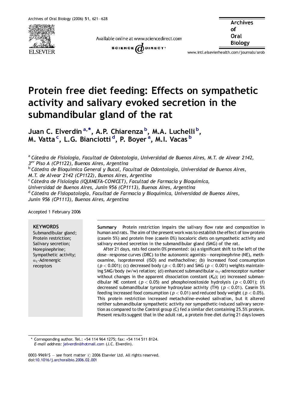 Protein free diet feeding: Effects on sympathetic activity and salivary evoked secretion in the submandibular gland of the rat
