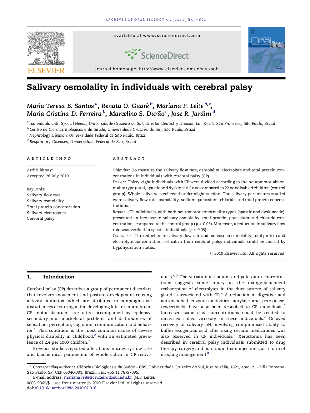 Salivary osmolality in individuals with cerebral palsy