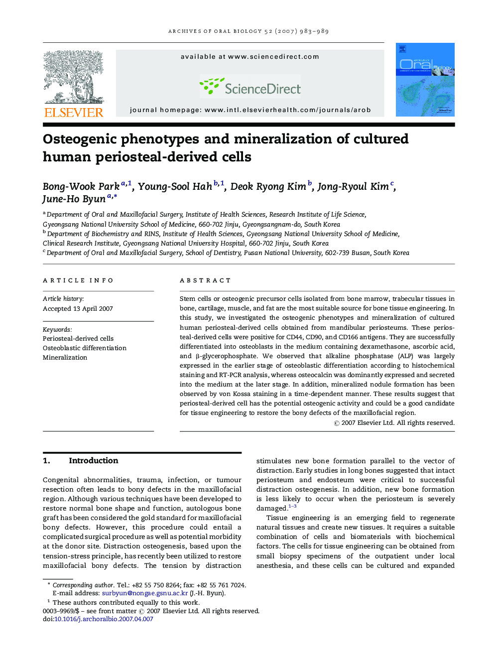 Osteogenic phenotypes and mineralization of cultured human periosteal-derived cells